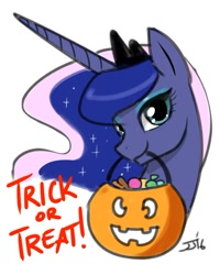 Size: 600x751 | Tagged: safe, artist:johnjoseco, princess luna, alicorn, pony, bedroom eyes, bust, candy, female, food, halloween, looking at you, mare, mouth hold, simple background, smiling, solo, white background