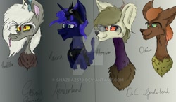 Size: 900x527 | Tagged: safe, artist:shazbaz579, discord, eris, prince artemis, princess luna, alicorn, draconequus, pony, rule 63, watermark