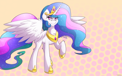 Size: 4800x3000 | Tagged: safe, artist:thebatfang, princess celestia, alicorn, pony, absurd resolution, raised hoof, simple background, solo, spread wings