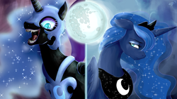 Size: 1920x1080 | Tagged: safe, artist:ereb-tauramandil, nightmare moon, princess luna, alicorn, pony, drool, duality, mare in the moon, moon