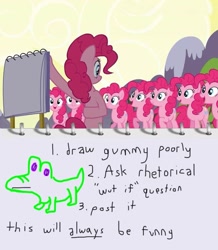 Size: 699x800 | Tagged: safe, screencap, gummy, pinkie pie, earth pony, pony, too many pinkie pies, clone, exploitable meme, meme, pinkie clone, pinkie's plan, wut if gummy wuz a meme