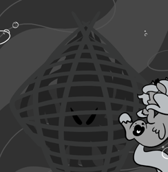 Size: 666x682 | Tagged: safe, artist:egophiliac, princess luna, alicorn, pony, filly, giant squid, grayscale, monochrome, moonstuck, net, underwater, underwater basket weaving, woona, younger