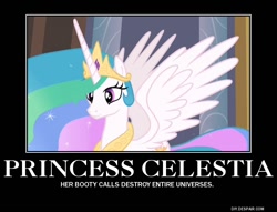 Size: 750x574 | Tagged: safe, idw, princess celestia, alicorn, pony, spoiler:comic, celestia hate, demotivational poster, drama, drama bait, image macro, meme, op is a cuck, op is trying to start shit, op started shit, reflections drama, smiling, solo, spread wings, trollestia, tyrant celestia