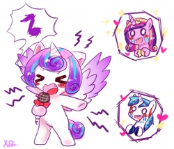 Size: 1400x1200 | Tagged: safe, artist:camilla_, artist:neko shiro some, princess cadance, princess flurry heart, shining armor, alicorn, pony, unicorn, bipedal, bleeding ears, blood, blush sticker, blushing, cute, ears, flurrybetes, microphone, pixiv, simple background, singing, white background