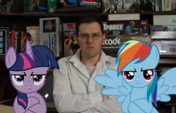 Size: 1150x740 | Tagged: safe, artist:kuren247, rainbow dash, twilight sparkle, pony, angry video game nerd, crossover, glasses, irl, photo, ponies in real life, vector