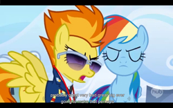 Size: 1024x640 | Tagged: safe, screencap, rainbow dash, spitfire, pegasus, pony, wonderbolts academy, sunglasses, youtube caption