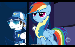 Size: 1024x640 | Tagged: safe, screencap, fast clip, manerick, rainbow dash, pegasus, pony, wonderbolts academy, black bars, maverick, wonderbolt trainee uniform, youtube caption