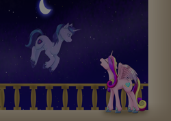 Size: 3508x2480 | Tagged: safe, artist:amy-chan, artist:xxxamychanxxx, princess cadance, shining armor, alicorn, pony, unicorn, balcony, crescent moon, eyes closed, floppy ears, immortality blues, lidded eyes, moon, night, open mouth, remembrance (audio drama), singing, smiling, spread wings, stars