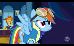 Size: 1024x640 | Tagged: safe, screencap, rainbow dash, spitfire, pegasus, pony, wonderbolts academy, black bars, youtube caption