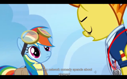 Size: 1024x640 | Tagged: safe, screencap, rainbow dash, spitfire, pegasus, pony, wonderbolts academy, black bars, wonderbolt trainee uniform, youtube caption