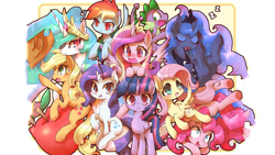 Size: 1920x1080 | Tagged: safe, artist:kolshica, edit, applejack, fluttershy, pinkie pie, princess cadance, princess celestia, princess luna, rainbow dash, rarity, spike, twilight sparkle, twilight sparkle (alicorn), alicorn, dragon, earth pony, pegasus, pony, unicorn, :<, alicorn tetrarchy, apple, blushing, cute, drool, eyes closed, female, frown, looking at you, mane seven, mane six, mare, open mouth, raised hoof, sitting, sleeping, smiling, snoring, sweat, sweatdrop, underhoof, wallpaper, wallpaper edit, wide eyes, z, zzz