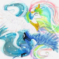 Size: 1181x1181 | Tagged: safe, artist:creativelyeccentric, princess celestia, princess luna, alicorn, pony, crown, female, horn, jewelry, mare, regalia, siblings, sisters, traditional art