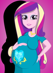 Size: 2400x3300 | Tagged: safe, artist:mintydrop2013, dean cadance, princess cadance, equestria girls, belly, big belly, breasts, cutie mark on clothes, female, looking at you, pregnant, princess cansdance, solo