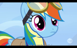 Size: 1024x640 | Tagged: safe, screencap, rainbow dash, pegasus, pony, wonderbolts academy, black bars, solo, wonderbolt trainee uniform, youtube caption