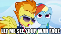 Size: 640x360 | Tagged: safe, edit, edited screencap, screencap, rainbow dash, spitfire, pegasus, pony, wonderbolts academy, full metal jacket, gunnery sergeant hartman, image macro, let me see your war face, meme, sunglasses, war face