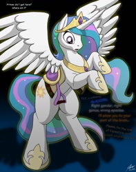 Size: 1010x1280 | Tagged: safe, artist:catmonkshiro, princess celestia, alicorn, pony, dialogue, digital art, saddle, solo, transformation