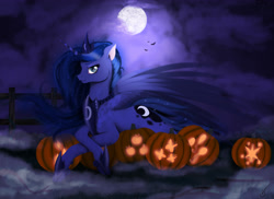 Size: 4661x3398 | Tagged: safe, artist:vinicius040598, princess luna, alicorn, pony, cutie mark, fog, implied mane six, jack-o-lantern, moon, night, nightmare night, prone, pumpkin, solo, spread wings