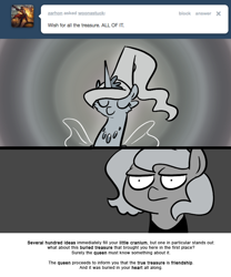 Size: 666x800 | Tagged: safe, artist:egophiliac, princess luna, oc, oc:serenitatis, alicorn, pony, sea pony, filly, grayscale, look of disapproval, luna is not amused, monochrome, moonstuck, unamused, woona, woonoggles, younger