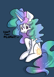 Size: 1280x1828 | Tagged: safe, artist:fauxsquared, princess celestia, alicorn, pony, chibi, confused, messy mane, open mouth, raised eyebrow, raised hoof, sitting, solo, sparkles, tumblr, tumblr:it's always sunny in canterlot