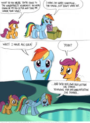 Size: 798x1097 | Tagged: safe, artist:kturtle, rainbow dash, scootaloo, pegasus, pony, cave, cave pool, comic, mirror pool