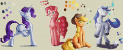 Size: 5000x2011 | Tagged: safe, artist:double-zr-tap, pinkie pie, rarity, shining armor, earth pony, pony, unicorn, color palette, eyes closed, grin, gritted teeth, magic, raised hoof, sitting, smiling