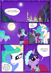 Size: 850x1202 | Tagged: safe, artist:stepandy, princess celestia, twilight sparkle, alicorn, pony, clothes, comic, dress, equestria world, gala dress