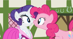 Size: 567x309 | Tagged: safe, screencap, pinkie pie, rarity, earth pony, pony, unicorn, too many pinkie pies, boop