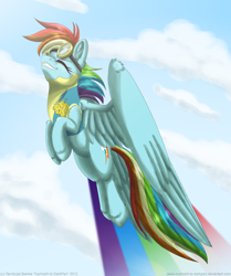 Size: 900x1077 | Tagged: safe, artist:inuhoshi-to-darkpen, rainbow dash, pegasus, pony, ear fluff, eyes closed, flying, unshorn fetlocks, wonderbolt trainee uniform