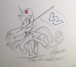Size: 2048x1798 | Tagged: safe, artist:andypriceart, princess luna, alicorn, pony, 2016 world series, baseball, champions, chicago cubs, flag, mlb, mouth hold, sketch, solo, that was fast, traditional art, world series