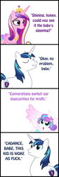 Size: 800x2370 | Tagged: safe, princess cadance, princess flurry heart, shining armor, alicorn, pony, unicorn, comic, corporations, vulgar, woke