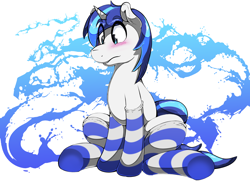 Size: 1280x929 | Tagged: safe, artist:theobrobine, shining armor, pony, unicorn, blushing, clothes, sitting, socks, solo, striped socks