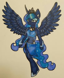 Size: 1024x1251 | Tagged: safe, artist:bleedingwings12, princess luna, anthro, unguligrade anthro, belly button, both cutie marks, clothes, midriff, sarong, short shirt, side slit, simple background, skirt, solo, spread wings, traditional art, watermark