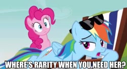 Size: 631x345 | Tagged: safe, screencap, pinkie pie, rainbow dash, earth pony, pegasus, pony, too many pinkie pies, beach chair, bend over, image macro, sunglasses