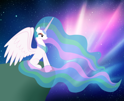 Size: 1024x830 | Tagged: safe, artist:rulette, princess celestia, alicorn, pony, female, horn, mare, missing accessory, multicolored mane, multicolored tail, solo, white coat, white wings, wings