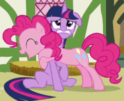 Size: 500x406 | Tagged: safe, screencap, pinkie pie, twilight sparkle, earth pony, pony, too many pinkie pies, animated, cropped, duo, floppy ears, gritted teeth, hug