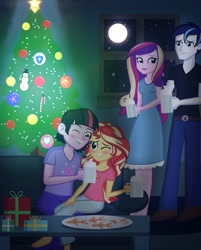 Size: 2055x2560 | Tagged: dead source, safe, artist:drewmwhit, dean cadance, dusk shine, princess cadance, sci-dusk, shining armor, sunset shimmer, twilight sparkle, equestria girls, christmas lights, christmas tree, clothes, duskshimmer, equestria guys, full moon, half r63 shipping, male, milk, moon, pants, rule 63, shiningcadance, shipping, snow, snowfall, straight, sunsetsparkle, tree