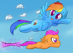 Size: 1928x1389 | Tagged: safe, artist:creamygravy, rainbow dash, scootaloo, pegasus, pony, flying, scootaloo can fly, sonic scootaboom