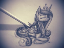 Size: 1024x768 | Tagged: safe, artist:lupiarts, princess cadance, alicorn, pony, brushie, eyes closed, grayscale, monochrome, prone, solo, traditional art