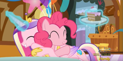 Size: 767x384 | Tagged: safe, screencap, pinkie pie, princess cadance, alicorn, earth pony, pony, the one where pinkie pie knows, cake, hug