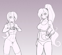 Size: 1280x1142 | Tagged: safe, artist:scorpdk, princess celestia, princess luna, human, abs, alternate hairstyle, belly button, boxing gloves, choker, clothes, female, gloves, grin, humanized, looking at you, midriff, monochrome, muscles, ponytail, sketch, sports bra