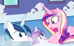 Size: 960x600 | Tagged: safe, artist:dm29, princess cadance, princess flurry heart, shining armor, alicorn, pony, unicorn, bath, bathhouse, cross-eyed, cute, family, female, flurrybetes, julian yeo is trying to murder us, male, mare, open mouth, prone, shining adorable, smiling, stallion, swimming, trio, water, window