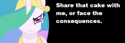 Size: 603x208 | Tagged: safe, princess celestia, alicorn, pony, angry, bronybait, cake, cakelestia, solo, text