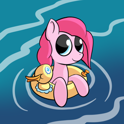 Size: 2000x2000 | Tagged: safe, artist:sharkwellington, pinkie pie, duck, earth pony, pony, too many pinkie pies, cute, female, floaty, mare, pool toy, smiling, swimming, water, wet mane