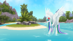 Size: 2560x1440 | Tagged: safe, artist:joellethenose, princess celestia, alicorn, pony, female, flower, flower in hair, looking at you, mare, missing accessory, mountain, scenery, signature, smiling, solo, spread wings, standing, tree, tropical, wallpaper, water, wet mane, wings