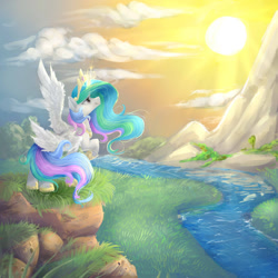 Size: 1024x1024 | Tagged: safe, artist:katemaximova, princess celestia, alicorn, pony, scenery, solo, sun