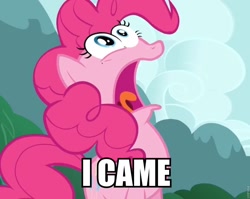 Size: 960x765 | Tagged: safe, edit, edited screencap, screencap, pinkie pie, earth pony, pony, too many pinkie pies, cropped, faic, i came, image macro, implied orgasm, solo, tongue out