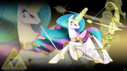 Size: 1920x1080 | Tagged: safe, artist:ciscoql, princess celestia, arrow, bow (weapon), bow and arrow, clothes, cosplay, costume, crossover, dress, frown, glare, hyrule warriors, looking back, magic, princess zelda, raised hoof, solo, sword, telekinesis, the legend of zelda, triforce, wallpaper, warrior celestia, weapon, zoom layer