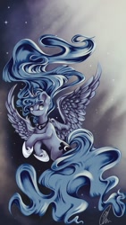 Size: 720x1280 | Tagged: safe, artist:llaurm34, princess luna, alicorn, pony, female, horn, mare, solo, spread wings