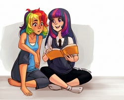 Size: 850x686 | Tagged: safe, artist:x-arielle, rainbow dash, twilight sparkle, human, :o, barefoot, book, clothes, cute, duo, feet, humanized, missing shoes, open mouth, sitting, smiling, socks, wide eyes