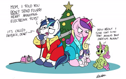 Size: 2407x1504 | Tagged: safe, artist:bobthedalek, princess cadance, princess flurry heart, shining armor, alicorn, pony, unicorn, annoyed, bathrobe, cadance is not amused, christmas tree, clothes, dialogue, doll, happy, hearth's warming, implied twilight velvet, messy mane, open mouth, phone, revenge, robe, simple background, sitting, smiling, toy, tree, unamused, upset, white background